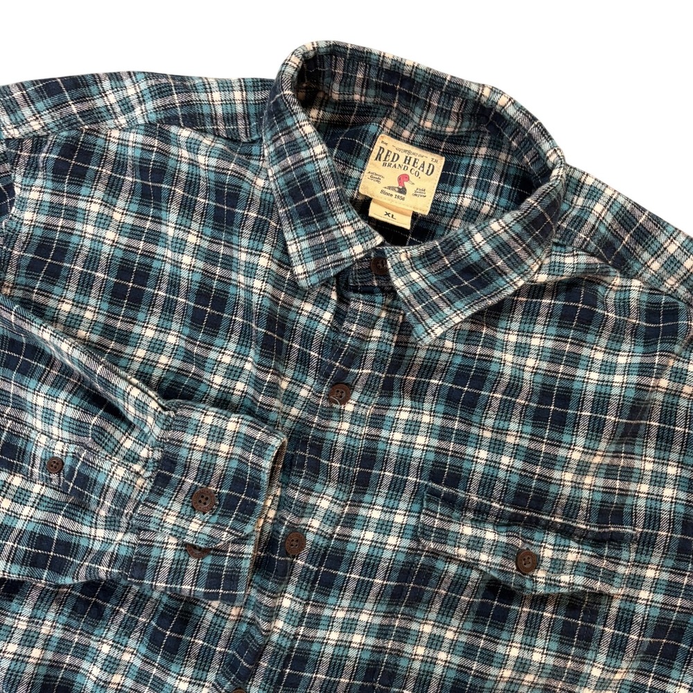 RED HEAD‎ Flannel Shirt Mens XL Blue Green Plaid Button Front Long Sleeve